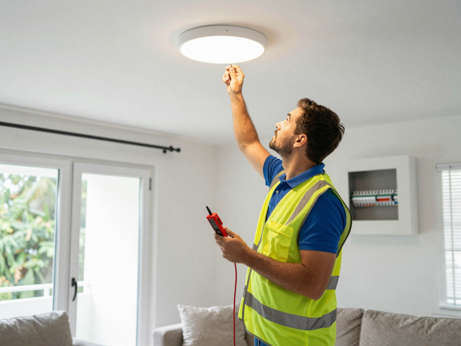 Residential electrician using voltage tester on ceiling light fixture in home interior