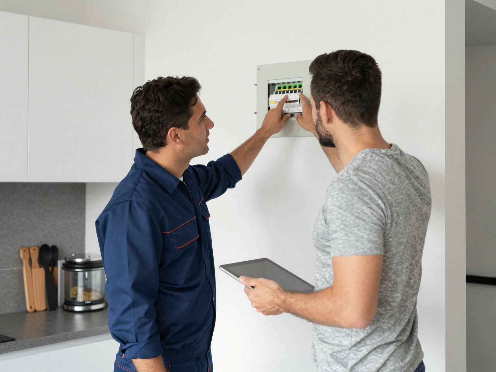 Professional electrician working on residential electrical panel with labeled breakers